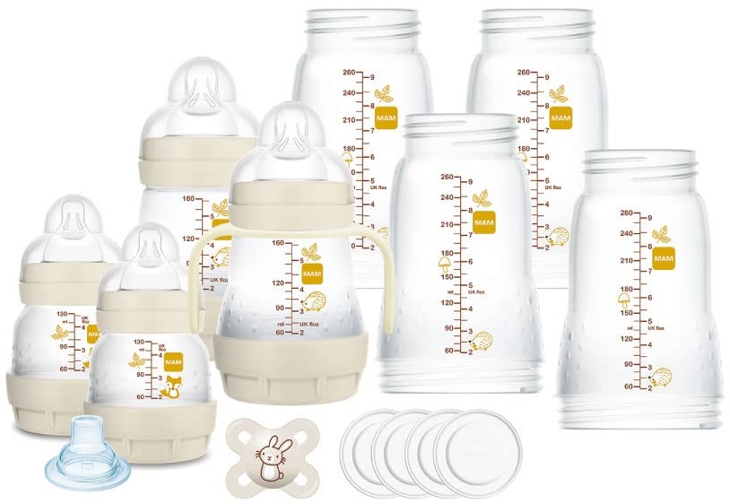 Mam Easy Start Anti-Colic Babyflasche, 8 Flaschen in den Größen 130 ml, 160 ml und 260 ml, 1 Start Nano, 4 Versiegelungsscheiben, 1 extra weicher Auslauf und Griffen, Farbe Beige - 730 G