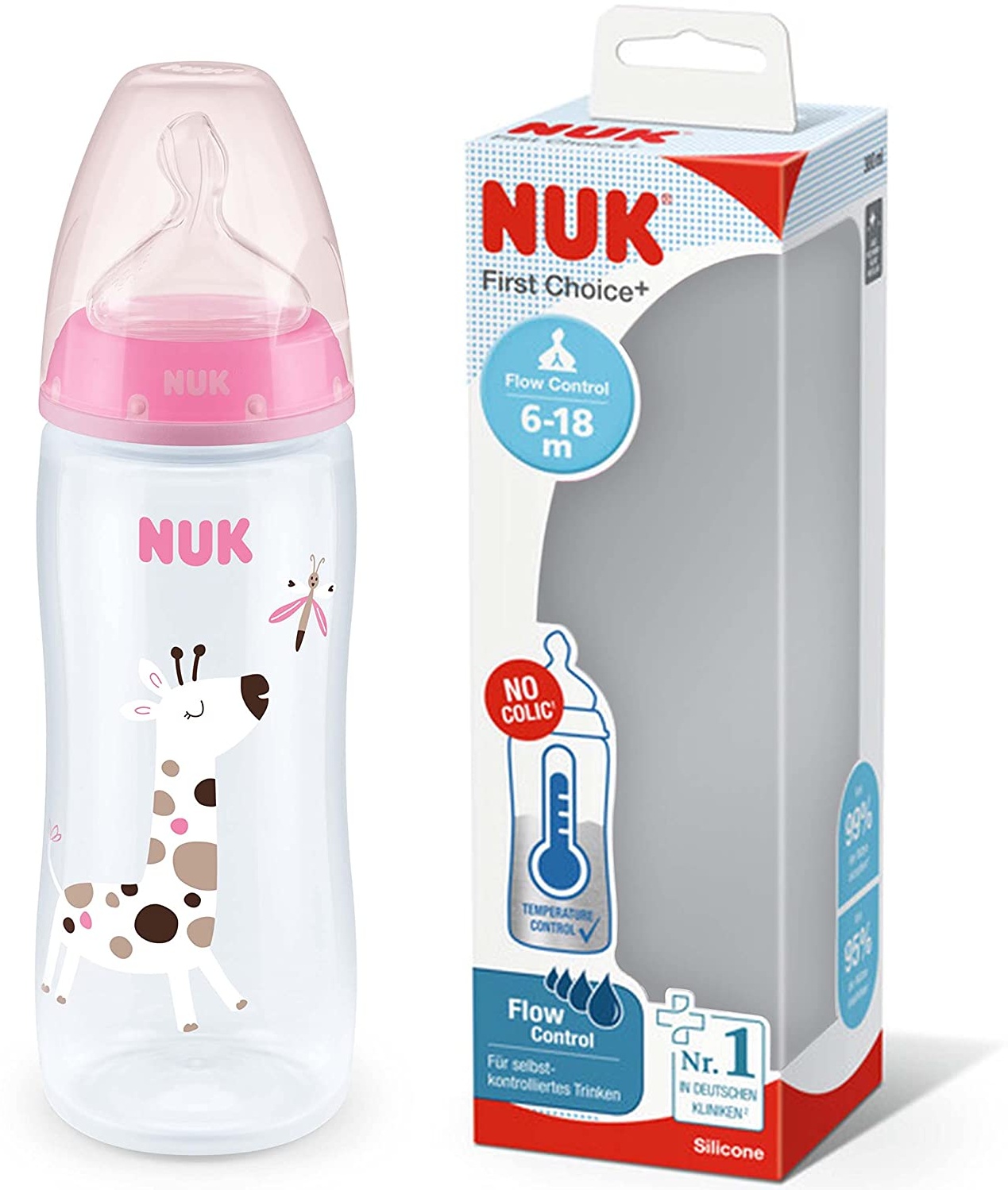 NUK First Choice+ Flow Control Flasche | 6-18 Monate | Temperaturkontrolle | Silikonsauger | Anti-Kolik-Ventil | BPA-frei | 360 ml | Rosa | 1 Stück