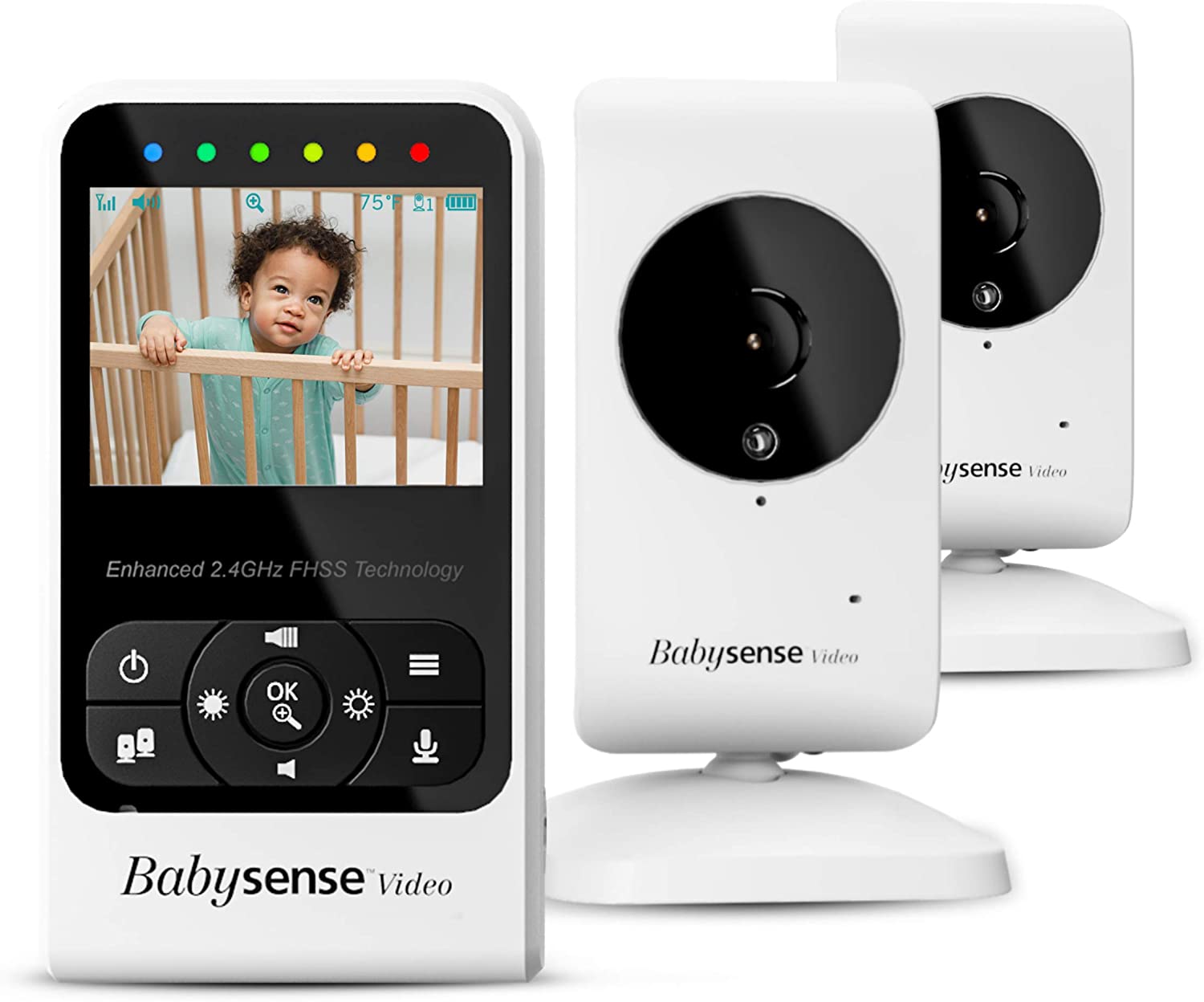 Video-Babyphone Babysense mit Zwei Kameras und Audio, Großer Reichweite, Anzeige der Raumtemperatur, Nachtsicht, Zwei-Wege-Kommunikation, Schlafliedern und Funktion weißes Geräusch, Modell V24R_2
