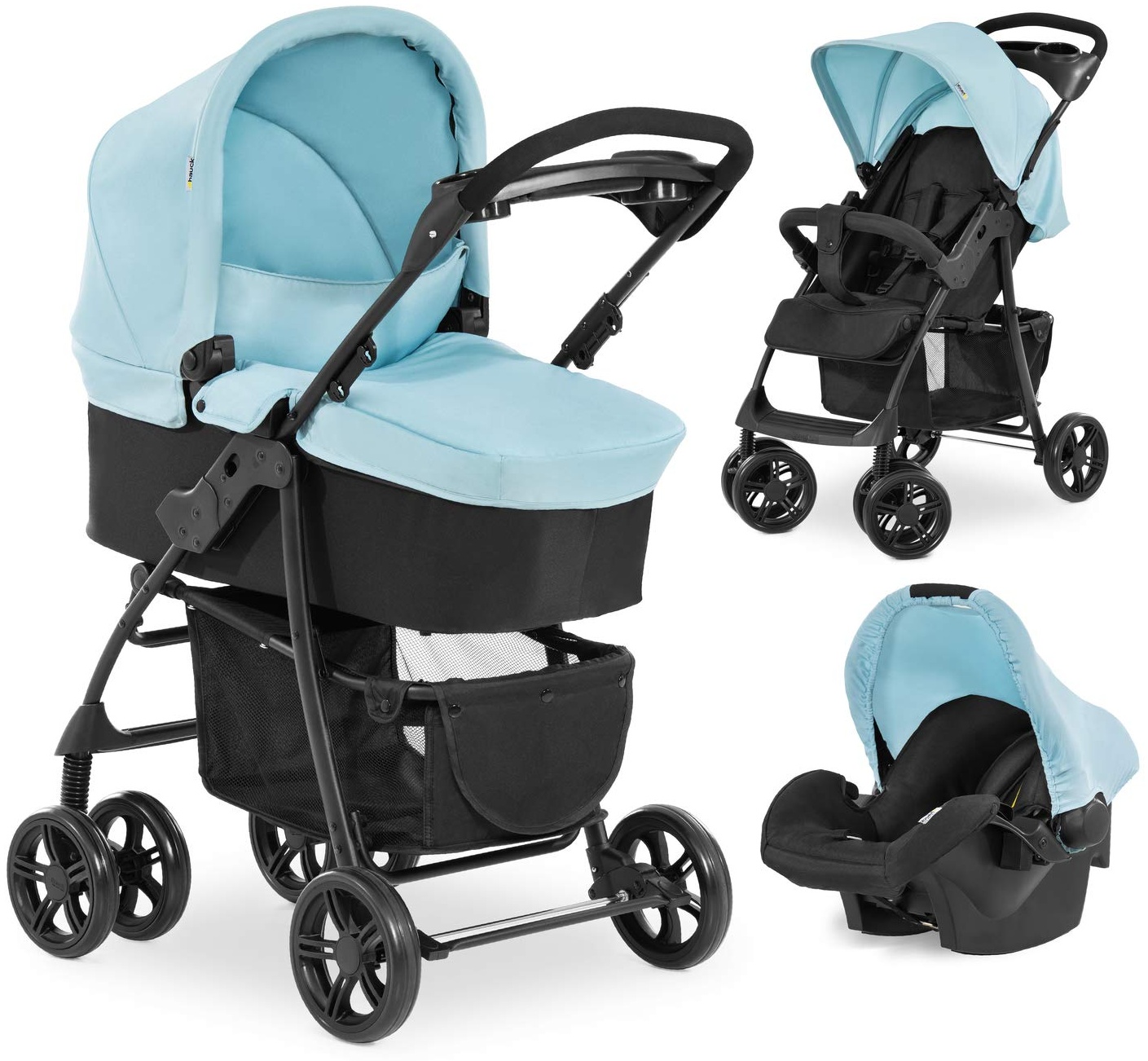 Hauck Kombi Kinderwagen Shopper Trioset inkl. Babywanne, Babyschale, Sitz mit Liegefunktion, Getränkehalter und Ablage, bis 25 kg, Klein Zusammenklappbar, Hellblau