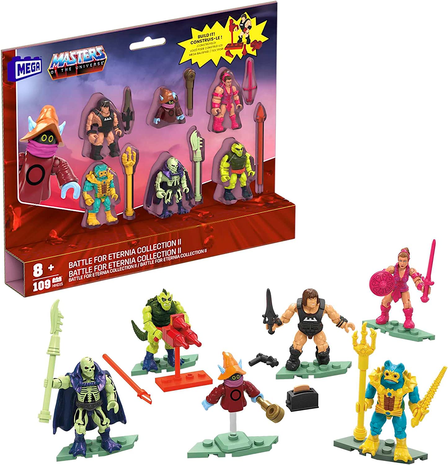 MEGA HHD15 - Masters of the Universe Bauspielzeug-Sammelfiguren Superhelden-Mikro-Aktionsfiguren und Zubehör, MOTU Kampf um Eternia Collection II