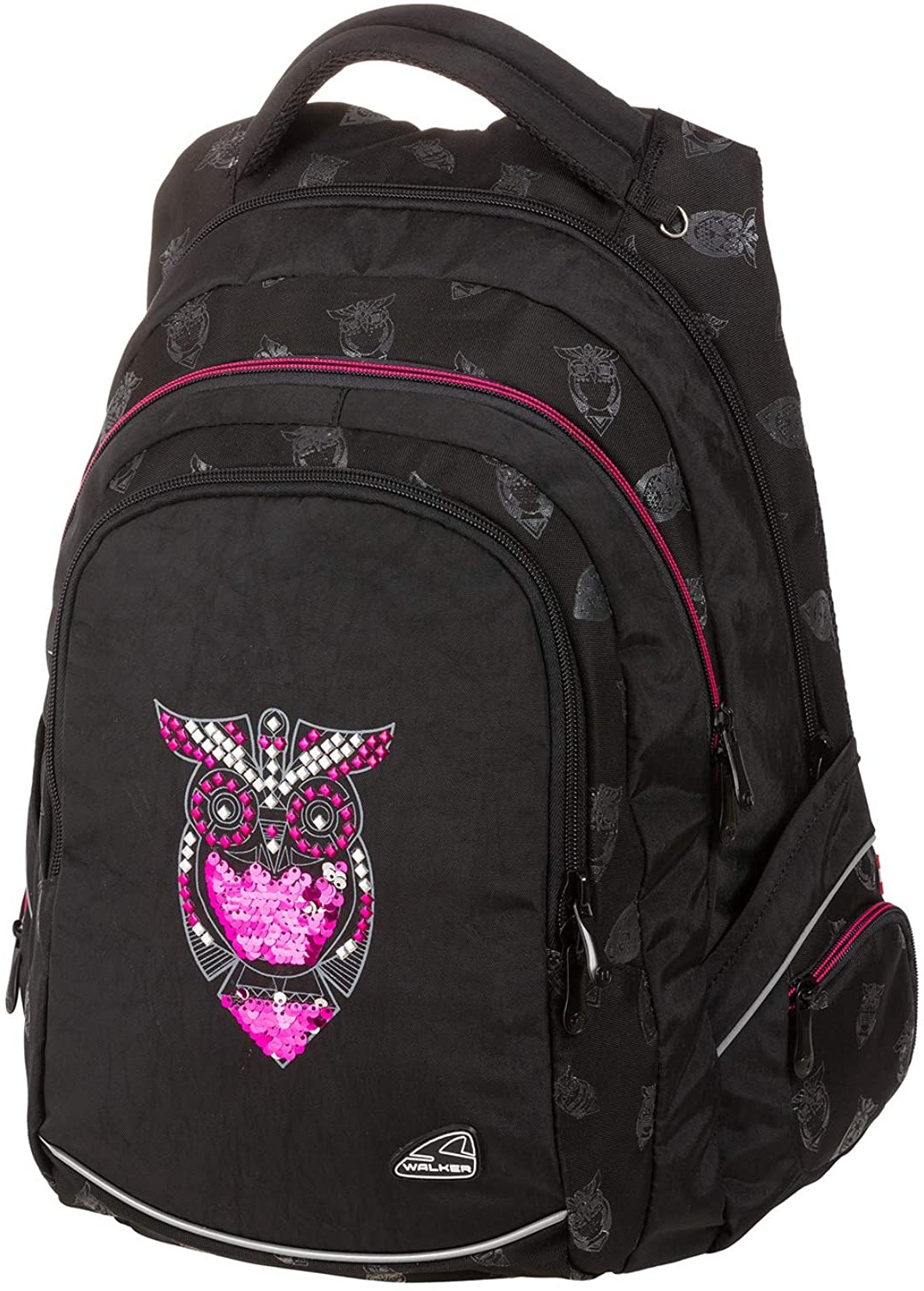 Rucksack Fame Night Owl in schwarz, mit 3 Fächern, Seitentaschen, atmungsaktive Polster und Brustgurt, ca. 44 x 32 x 24 cm, 32 Liter