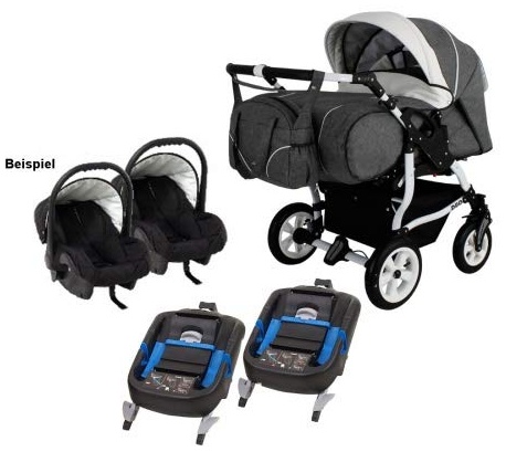 Adbor Duo Spezial 3in1 Zwillingskinderwagen mit Babyschalen und 2 Isofix Stationen, Zwillingswagen, Zwillingsbuggy Farbe D-4 grau