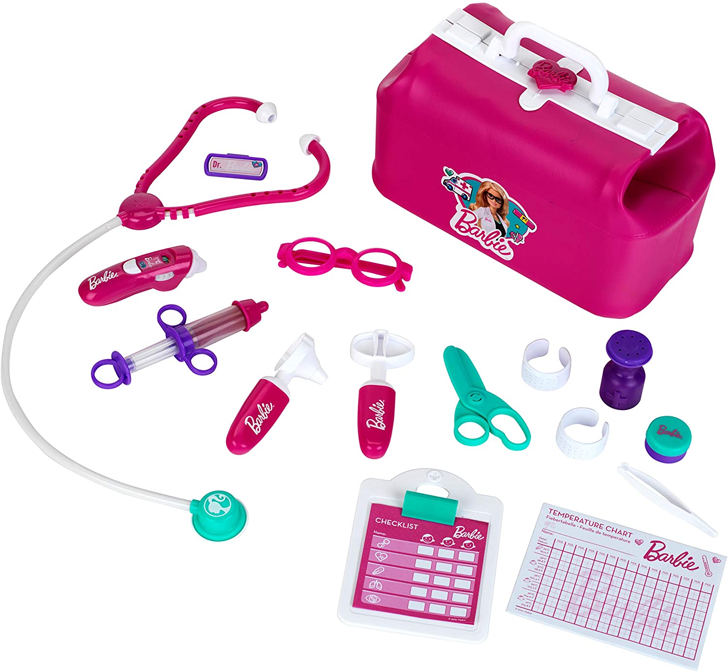 Theo Klein 4601 Barbie Arzttasche mit Zubehör, inkl. rosa Thermometer mit Licht- und Sound-Effekten, Stethoskop, Namensschild uvm, 18-teilig, Spielzeug ab 3 Jahre