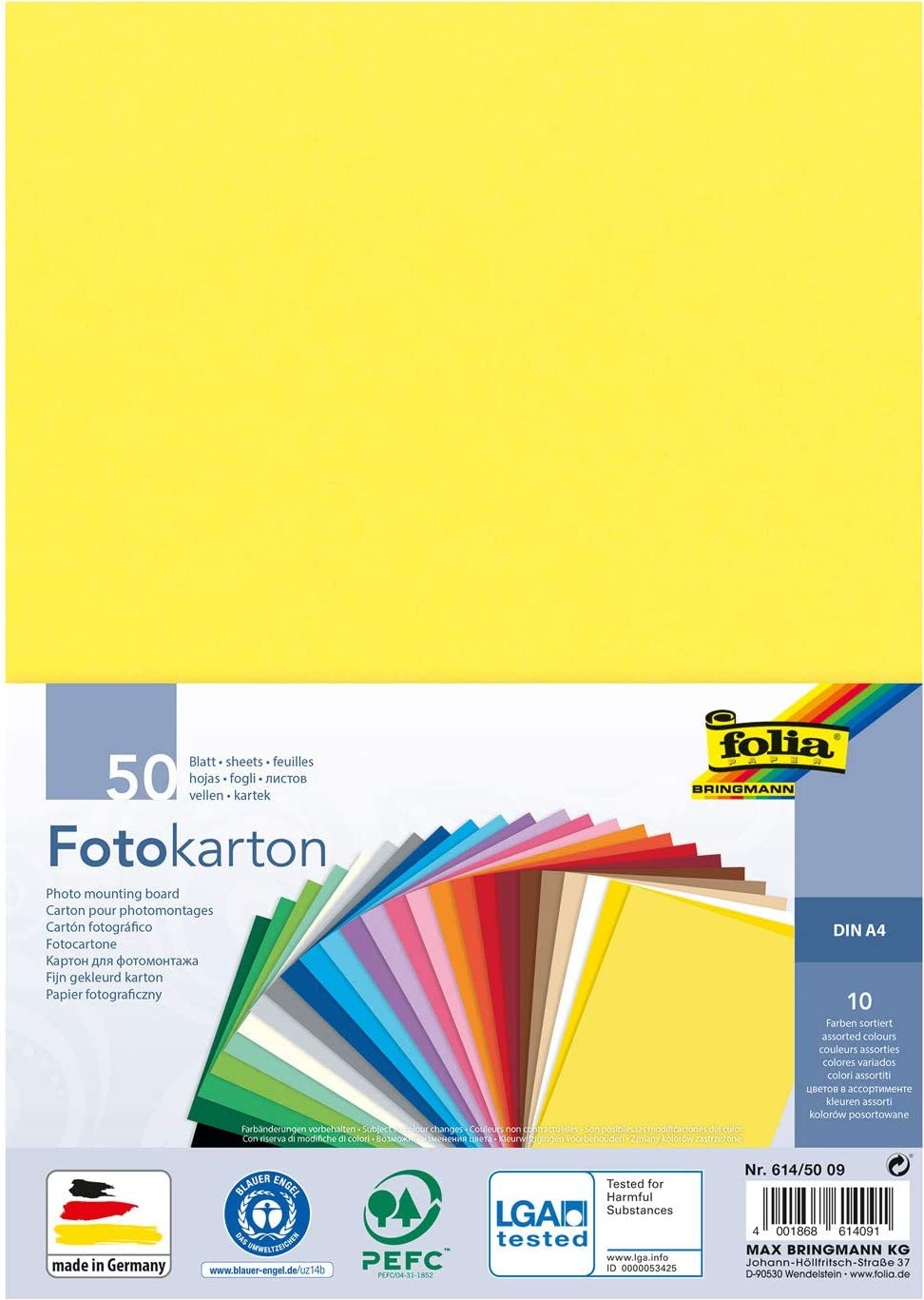 folia 614/50 09 - Fotokarton Mix, DIN A4, 300 g/m², 50 Blatt, sortiert in 10 Farben, zum Basteln und kreativen Gestalten von Karten, Fensterbildern und für Scrapbooking
