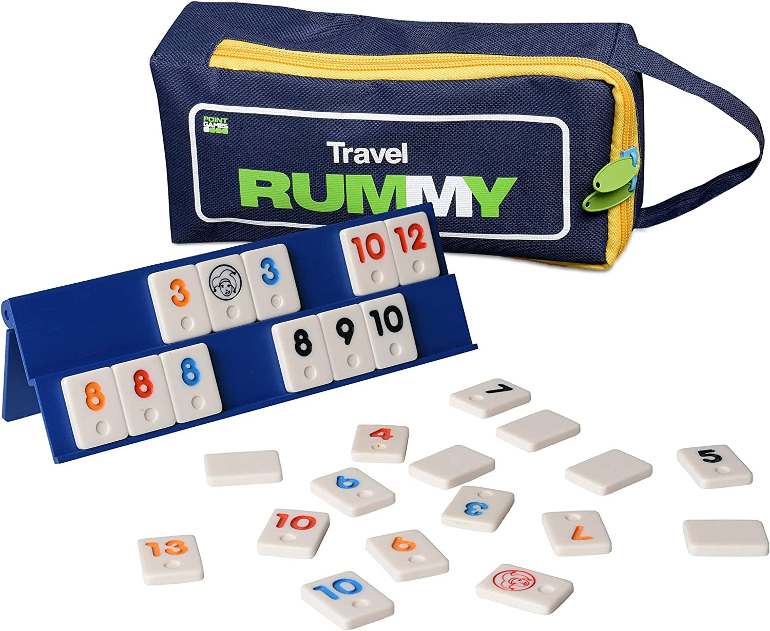 Playmags Point Games Punktespiele: Mini Travel Rommé-Spielset mit 106 Spielsteinen und Vier exklusiven 2-Tier-Spielgestellen in Einer extrem haltbaren Reisetasche, White & Blue