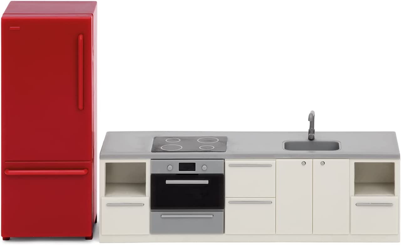 Lundby DIY Puppenhaus Puppenküche Zubehör Set 2-teilig, Miniatur Kühlschrank und Küchenzeile mit Elektrogeräten für Miniatur Haus – 1:18 Miniatur Küche Puppenzubehör Set für 11 cm Puppen