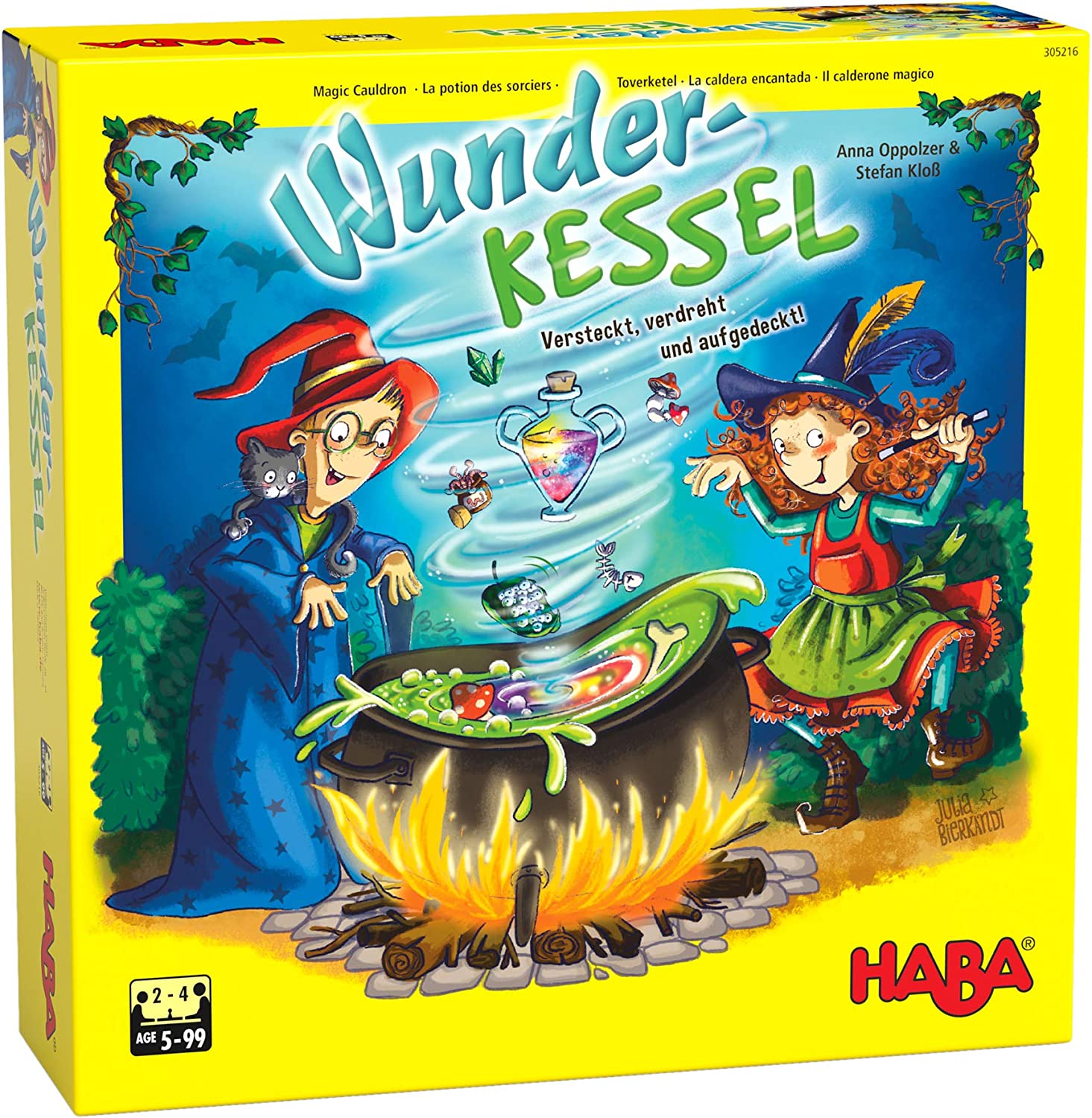 HABA 305216 - Wunderkessel, Memo-Laufspiel für 2-4 Spieler ab 5 Jahren, origineller Spielplan mit Drehmechanismus und Figuren aus Holz