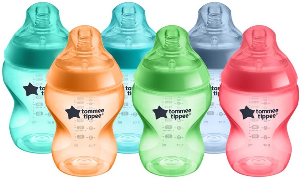 Tommee Tippee Closer to Nature Babyflaschen, Natürlich geformter Trinksauger mit Anti-Kolik-Ventil, 260 ml, 6er-Set, Fiesta Mehrfarbig