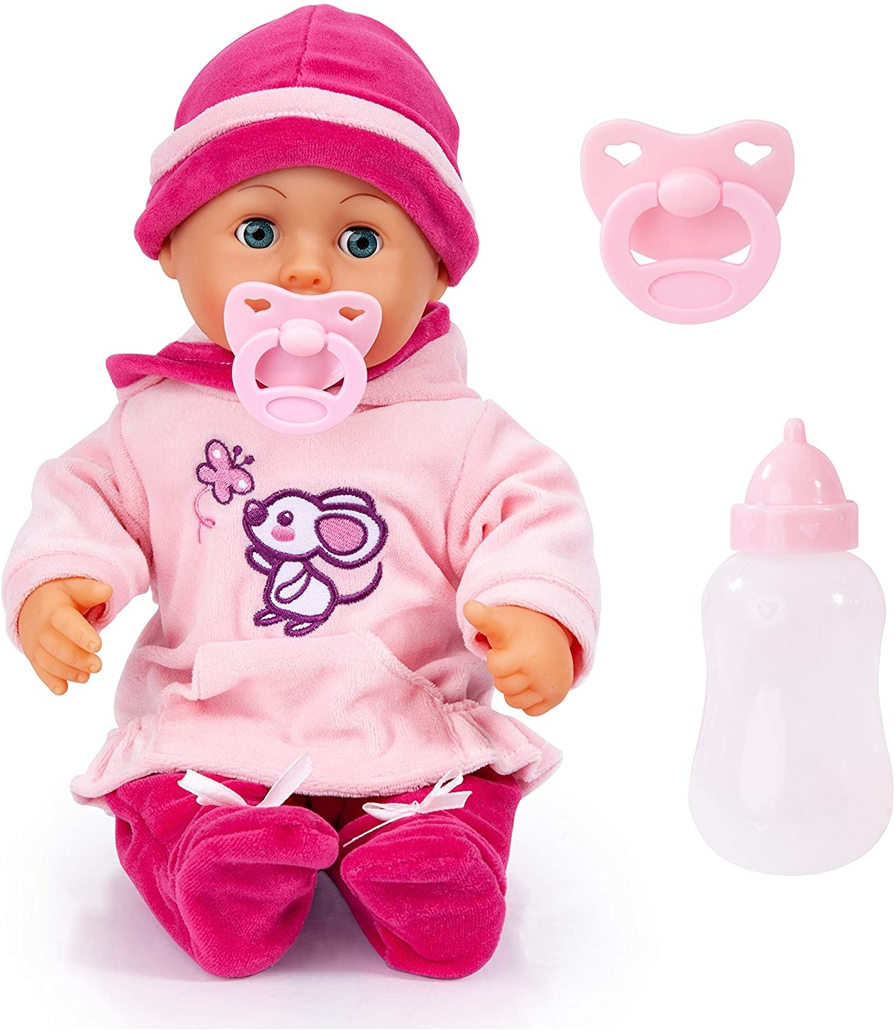 Bayer Design 93824BD Babypuppe First Words mit Schlafaugen, 24 Babylaute, 38 cm, pink, rosa mit Maus