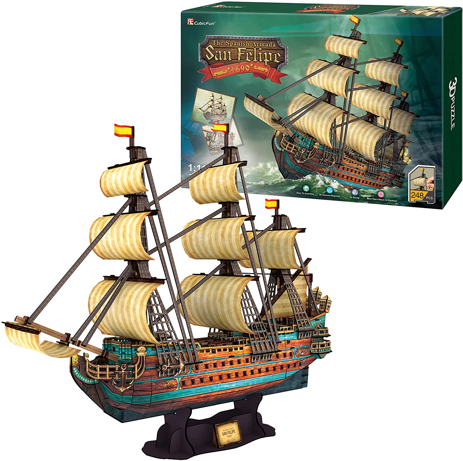 3D Puzzle Schiff San Felipe 1960 - Spanisches Modellbau Schiffe, Segelschiff Modellbausatz Erwachsene Und Kinder, Segelboot Deko, 248 Teile, 240 Min Montage