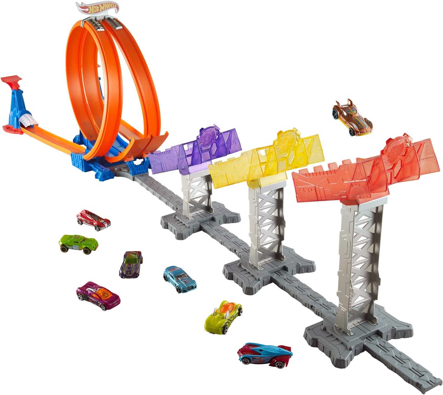 Hot Wheels DJC05 Action Super Score Speedway Auto Spielbahn, Track Set mit Zubehör und 2 Starter, inkl. 1 Spielzeugauto, ab 6 Jahren