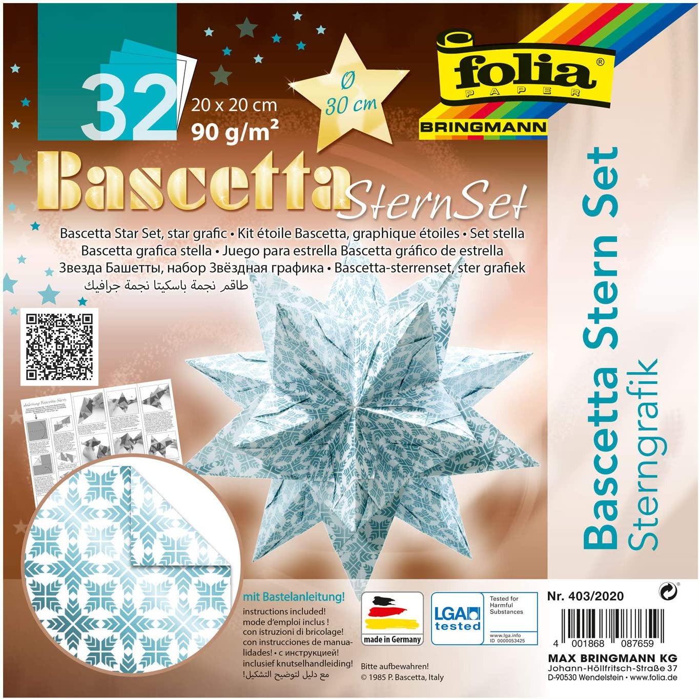 folia 403/2020 - Bastelset Bascetta Stern Sterngrafik weiß/eisblau, 32 Blatt, 20 x 20 cm, fertige Größe des Papiersterns ca. 30 cm, mit ausführlicher Anleitung - ideal zur zeitlosen Dekoration