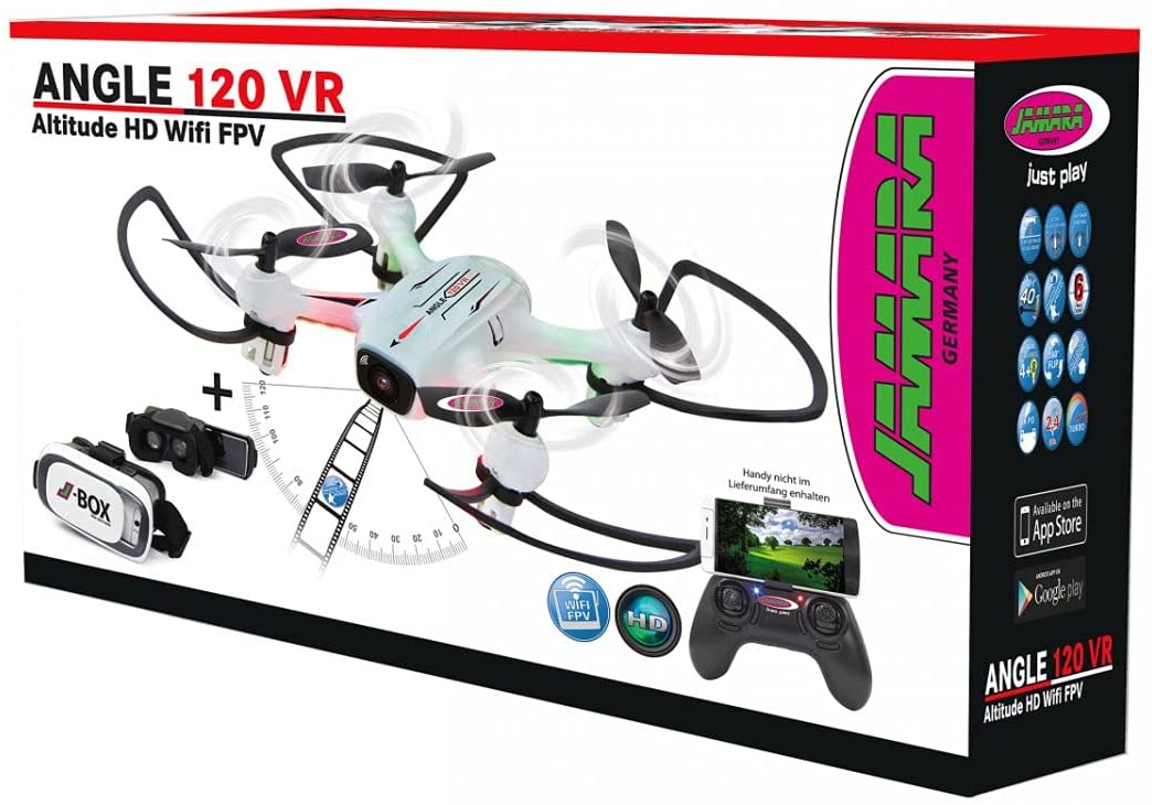 Angle 120 Altitude HD Wifi VR, inkl. VR-Brille, Altitude Hold Adjustment, Kompass/Flyback, Track following - Flugbahn-Planung-Modus,120° Weitwinkel-Kamera,Unterspannungswarnung,40 KM/h