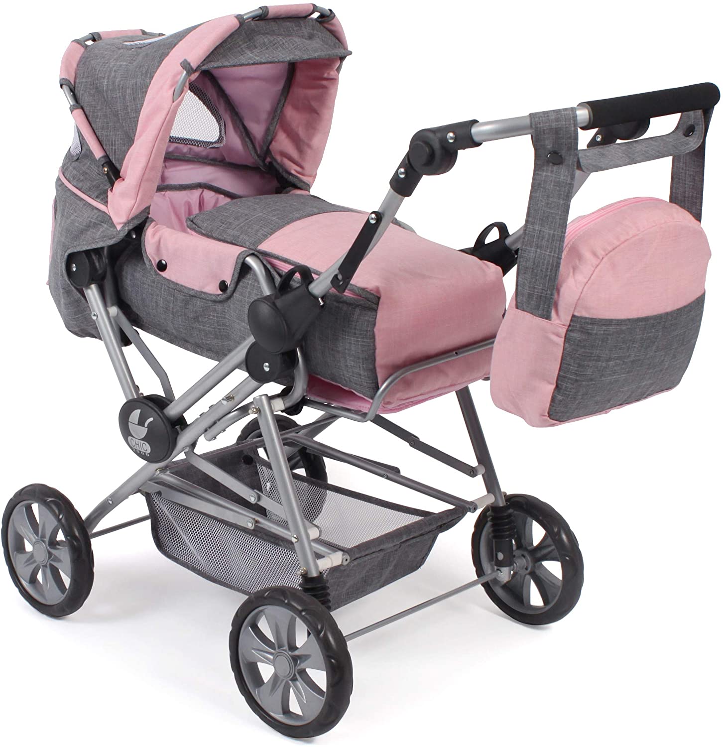 Bayer Chic 2000 562-15 Kombi-Puppenwagen Roadstar für große Kinder, mit herausnehmbarer Tragetasche und Wickeltasche, Melange grau-rosa