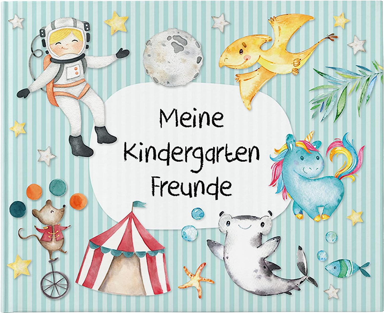 Papierdrachen Hochwertiges Freundebuch für Kinder - Kindergartenfreunde - Türkis - Poesiealbum mit Astronaut, Zirkusmotiven & Dino - für 27 Freunde - buntes kindgerechtes Design