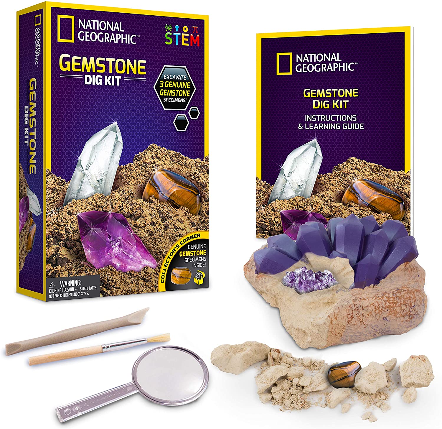 Bandai NGGEM National Geographic – Ausgrabungsset – 3 Edelsteine zum Ausgraben – Amethyst, Tigerauge und Quarz – Bildungs- und Wissenschaftsspiel – STEM – JM00646