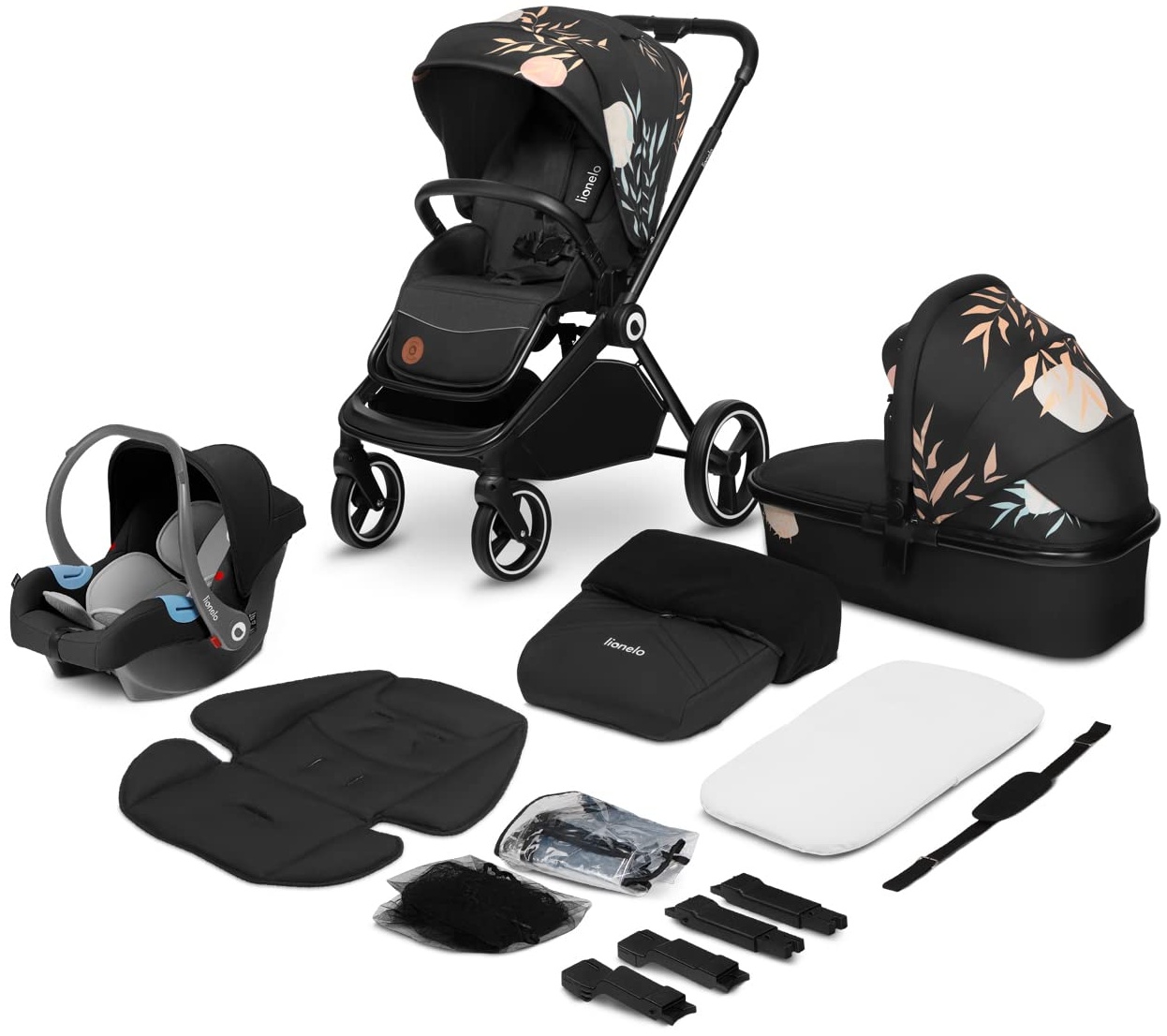 LIONELO Mika 3in1 Set Kinderwagen, Babywanne, Babyschale. Im Set Moskitonetz, Fußabdeckung, Regenschutz. Wartungsfreie Gummiräder. Leichte Konstruktion (LOVIN)