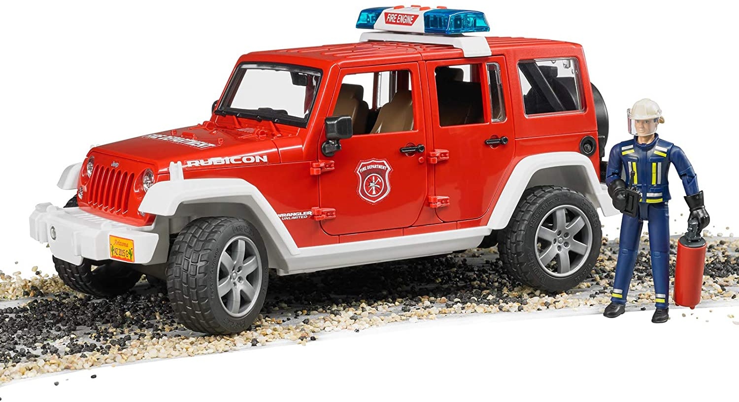 bruder 02528 Toys Jeep Wrangler Unlimited Rubicon Feuerwehr-Einsatzfahrzeug mit Feuerwehrmann