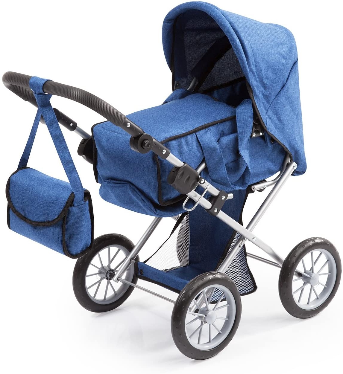 Bayer Design 13635AA City Star, Kombi Puppenwagen, für Puppen bis ca. 46cm, mit herausnehmbarer Tragetasche und Umhängetasche, blau, jeans