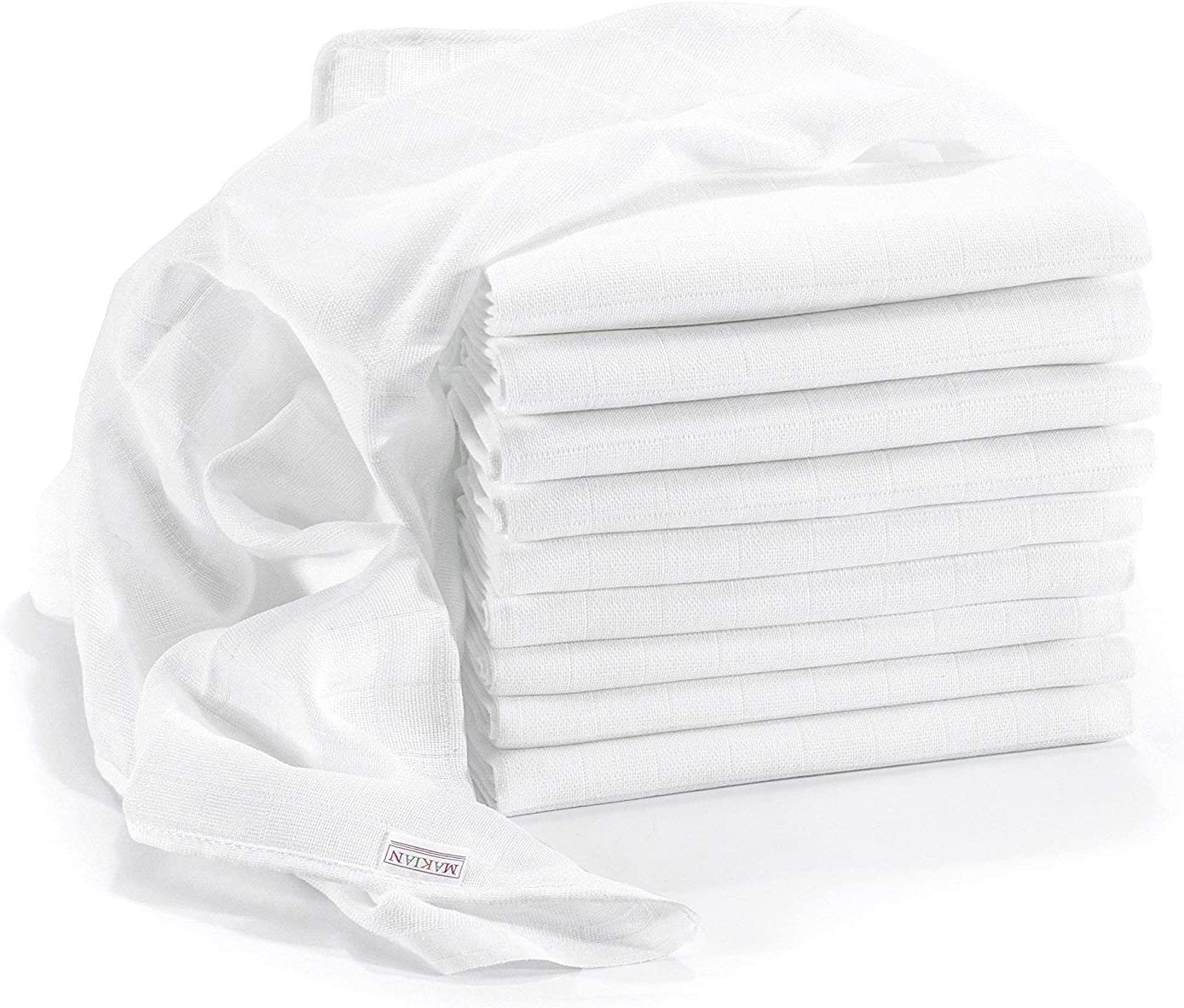 MAKIAN Mullwindeln/Spucktücher - 10er Pack, 80x80 cm, Oeko-TEX® Standard 100 geprüft, Premium Qualität - doppelt gewebte Stoffwindeln/Mulltücher mit verstärkter Umrandung, Kochfest - Weiß