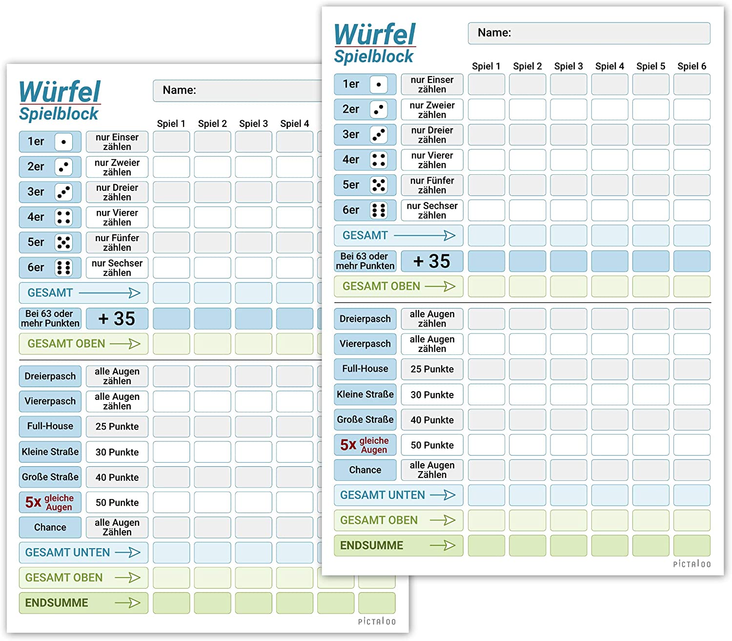 Würfelspiel Block DIN A5, gut lesbar und übersichtlich gestaltet, moderner Ersatzblock, Spielblock groß, auch für Senioren und Kinder geeignet, Würfel Spiel Set, Familienspiel (2X blau)