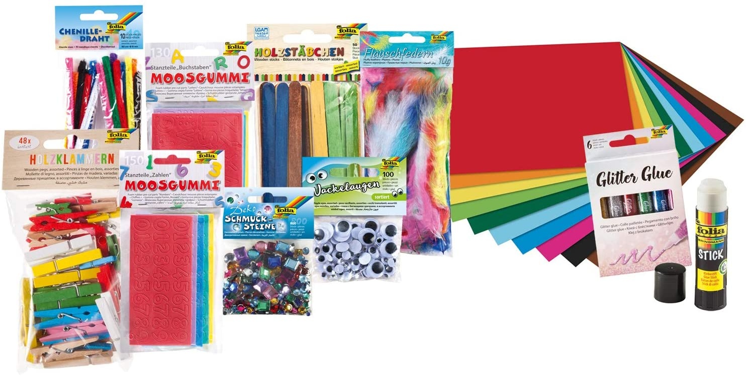 folia 50999 - Bastelset XXL, über 1.300 Teile inklusive Kleber, Kreativset für Kinder und Erwachsene