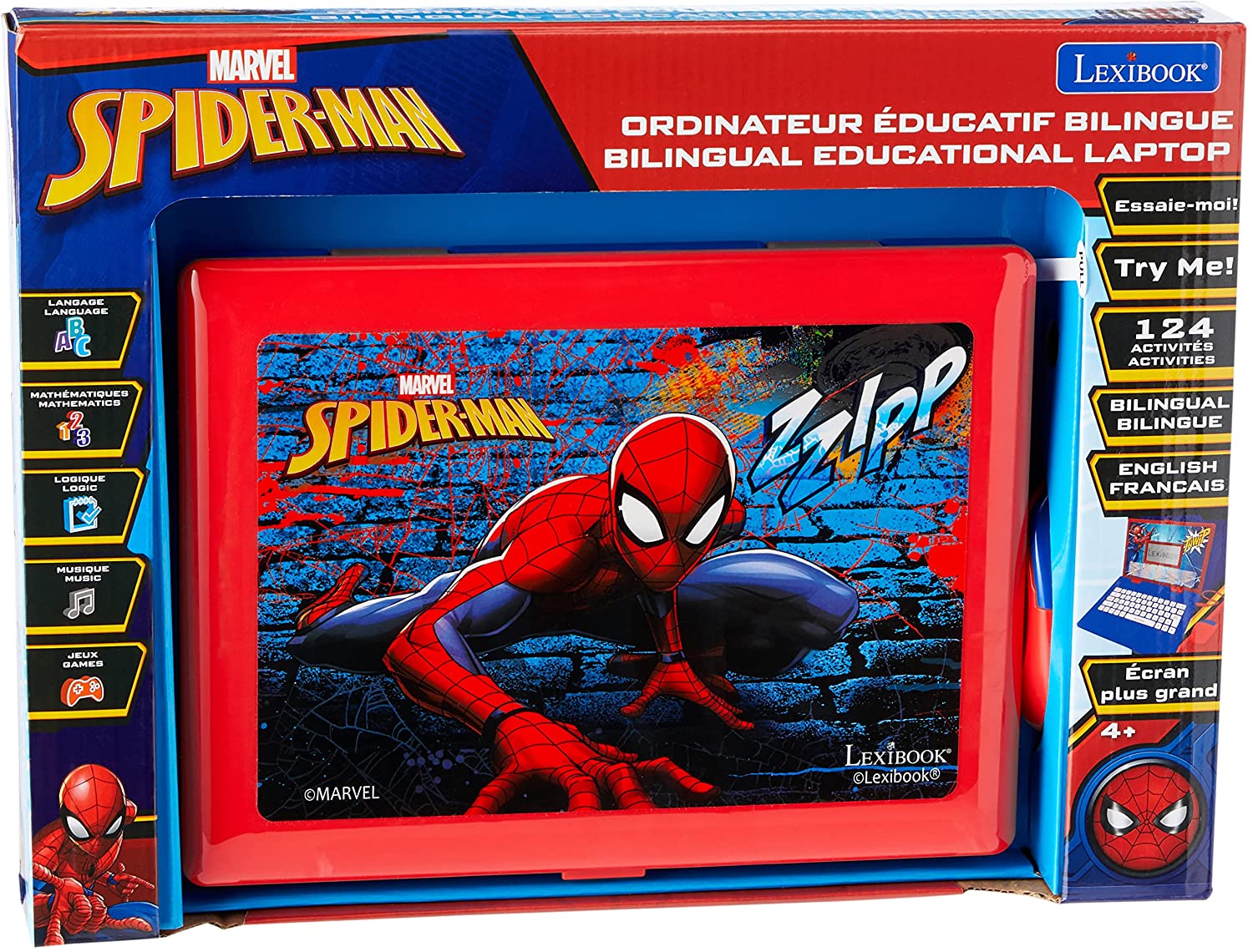 Lexibook JC598SPi1 Disney Marvel Spider-Man Peter Parker zweisprachiger Laptop, Lernen 124 Aktivitäten zum Entdecken von Mathematik, Musik, Wissen, Logik, Spielen, nur Französisch/Englisch, Blau/Rot