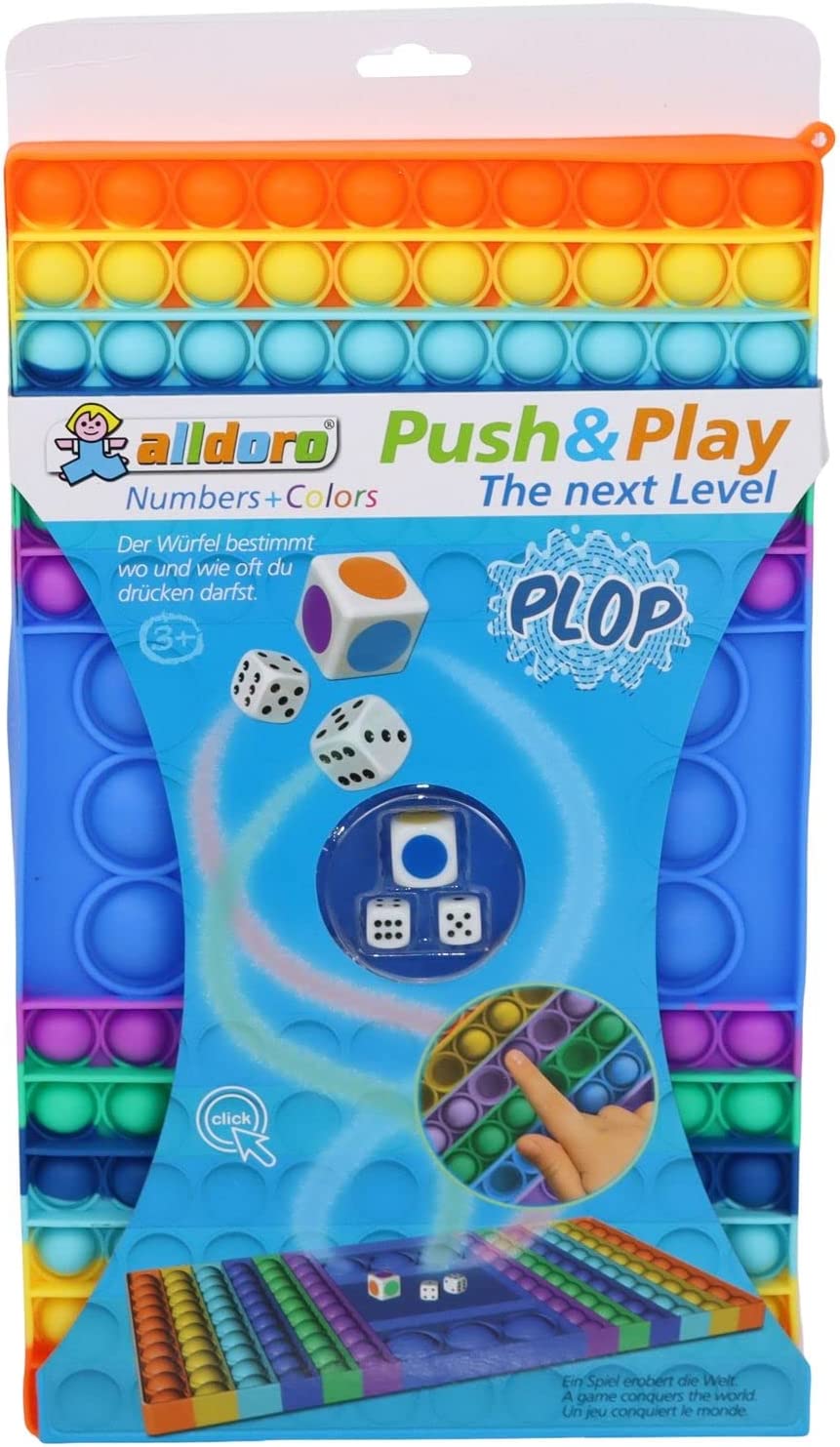 alldoro 67151 Push & Play Würfelspiel mit Zahlen und Farben, Pop it Brettspiel, Blasen Spiel, Bubble Push Toy, Fingerspielzeug für Stressabbau, für Kinder & Erwachsene, ca. 32,5 x 19 cm, Regenbogen