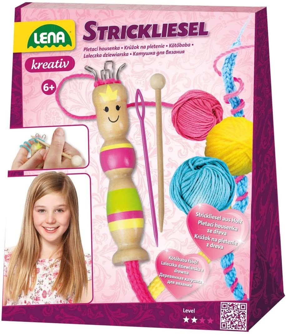 Lena 42375 Bastelset Strickliesel, Komplettset mit Liesel und Strickhaken aus Holz, Stricknadel und Garn in 3 Farben je 15 m, Strickset für Kinder ab 6 Jahre, Starter Set zum Stricken Lernen