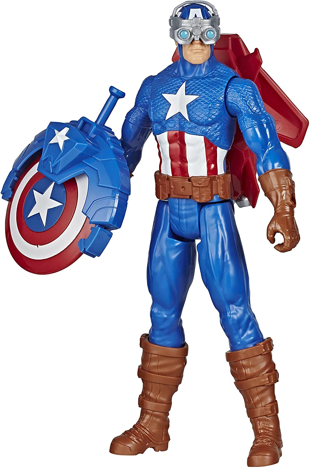 Marvel Avengers Titan Hero Serie Blast Gear Captain America, 30 cm große Figur, mit Starter, 2 Accessoires und Projektil, ab 4 Jahren