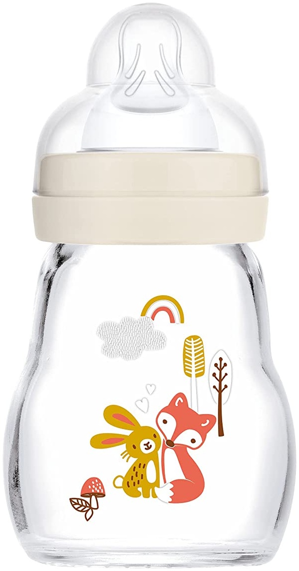 MAM Feel Good Babyflasche aus Glas (170 ml), Milchflasche mit weiter Öffnung, stabile Baby Trinkflasche mit Sauger Gr. 1, ab der Geburt, Hase/Fuchs