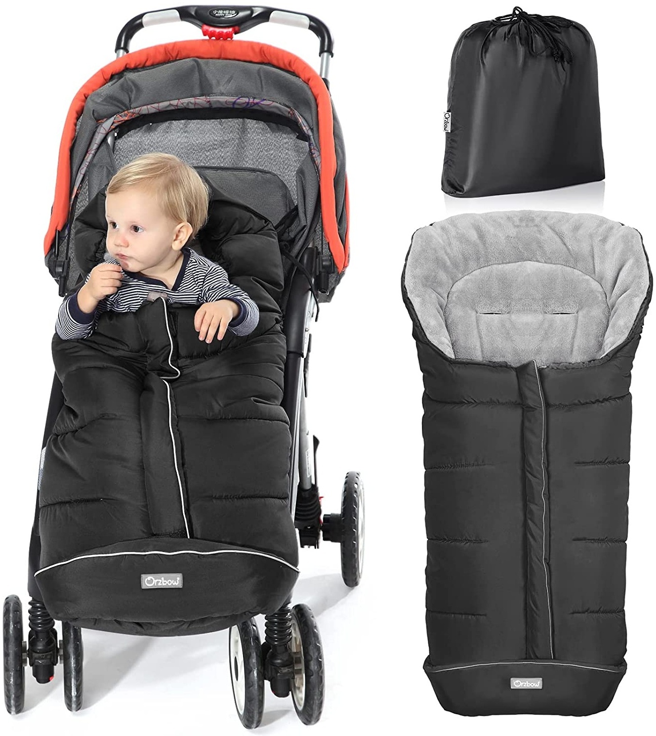 Orzbow Fußsack für Kinderwagen Buggy,Baby Fußsack Schlafsack,Babyfußsack für Babyschale,Winterfußsack mit Reißverschluss Waschbar Passend für Alle Kinderwagen (Schwarz,Groß)
