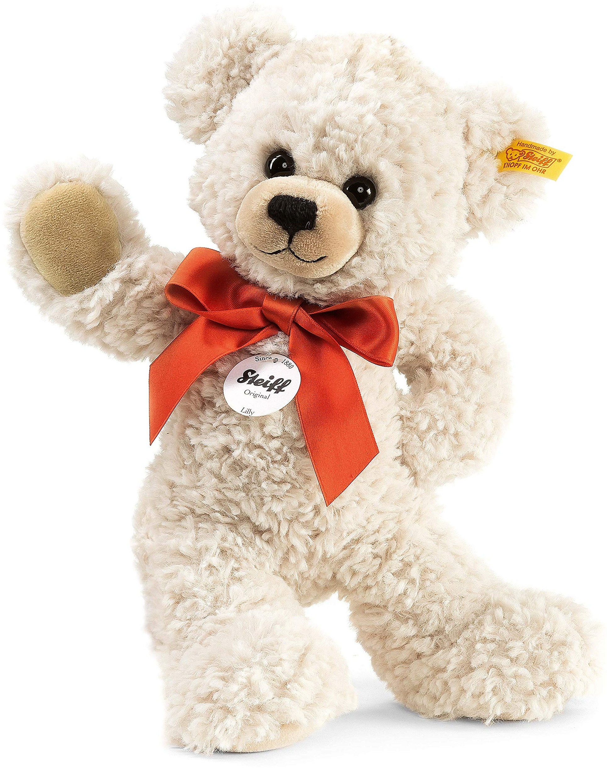 Steiff Lilly Schlenker-Teddybär - 28 cm - Teddybär mit roter Schleife - Kuscheltier für Kinder - weich & waschbar - Creme (111556)