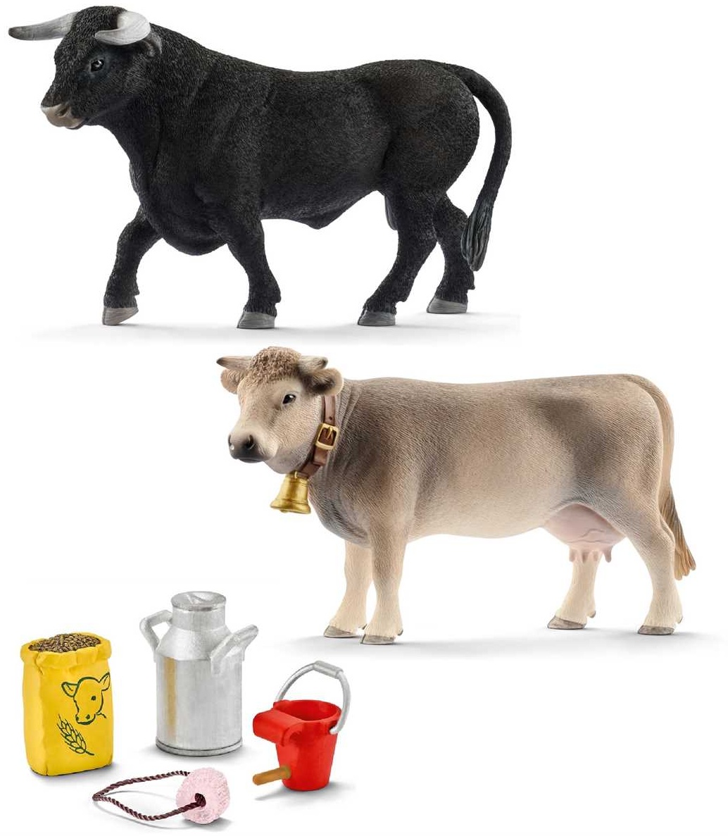 Schleich Farm World 13874 'Braunvieh Kuh' + 13875 'Schwarzer Stier' + 42291 'Futter für Kuh und Kälbchen' Spielfiguren