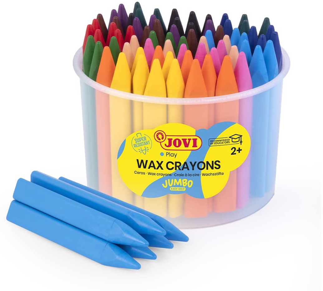 Jovi Wachsmalstifte Triwax, 3-kant Form, geruchlos, leicht auswaschbar, für alle Altersgruppen, 72 Stück in 12 Farben und 2 Spitzer