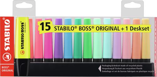 Textmarker - STABILO BOSS ORIGINAL - 15er Tischset - 9 Leuchtfarben, 6 Pastellfarben