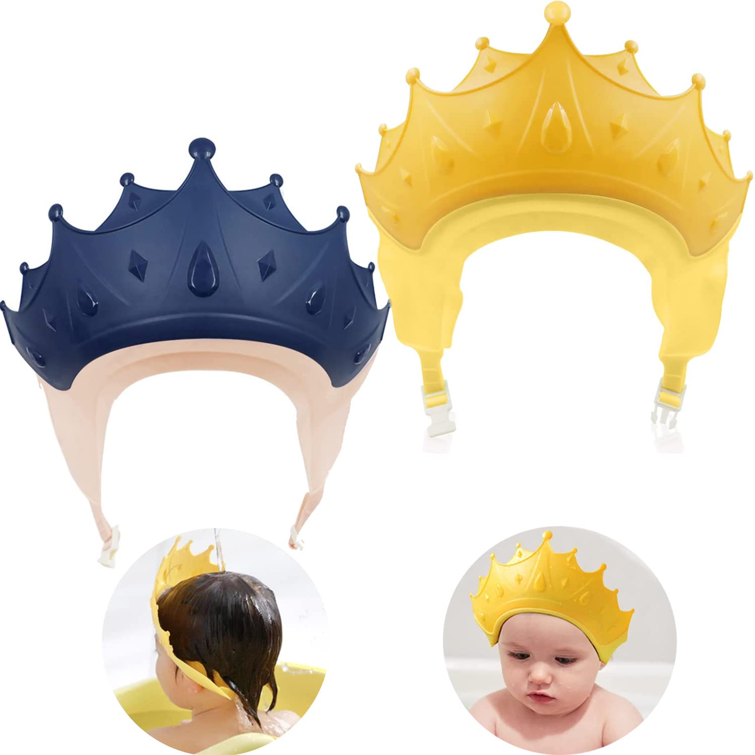 Duschhaube Kinder 2 Stück, Kinder Verstellbare ​Krone Haare Waschen, Schützen Sie Augen und Ohren von Kindern beim Haarewaschen (Blau und Gelb)
