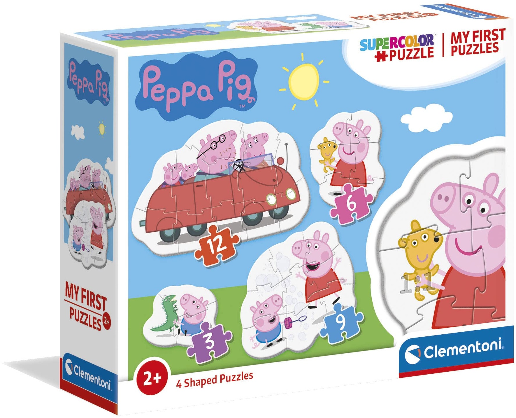 Clementoni 20829 Supercolor Peppa Pig – Puzzle 3 + 6 + 9 + 12 Teile ab 2 Jahren, buntes Kinderpuzzle mit besonderer Leuchtkraft & Farbintensität, Geschicklichkeitsspiel für Kinder