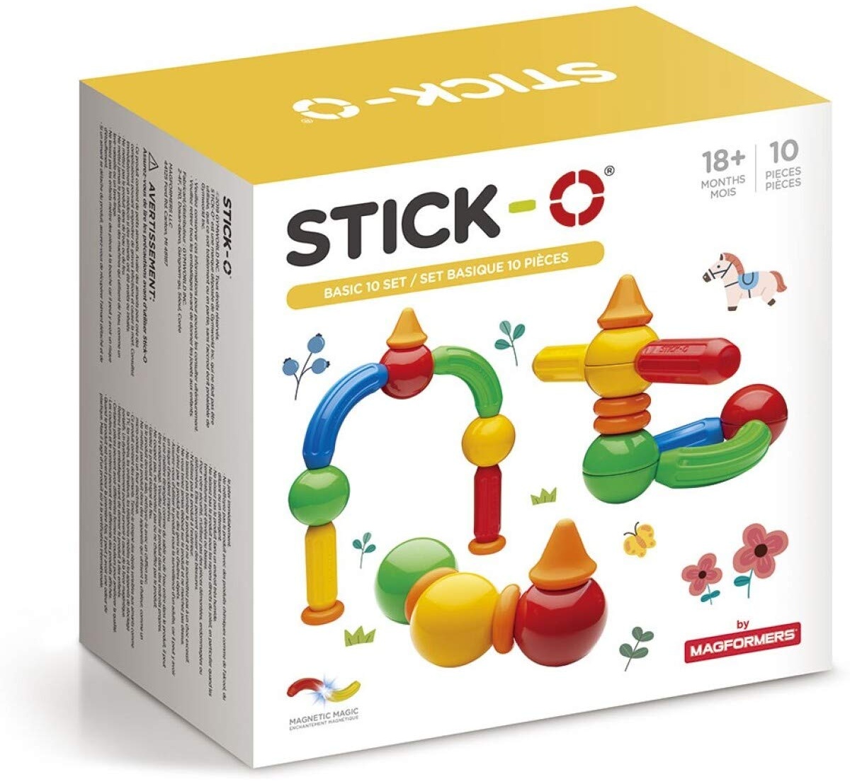 Stick-O magnetische Bausteine für Kinder ab 1 Jahre, kreatives Konstruktionsspielzeug, Lernspielzeug mit Magnet, 20 Modelle für Mädchen und Jungen, Montessori Spielzeug, 10 Teile Set,