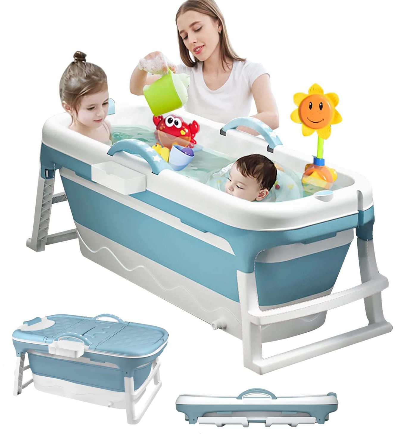 3 in1 Faltbare Badewanne für Kleinkinder & Kinder, zierlicher Erwachsene, Haustier, große mobile Badewanne, Tragbare Kunststoff Badewanne für Dusche,mit abnehmbarer Bezug, 118 cm