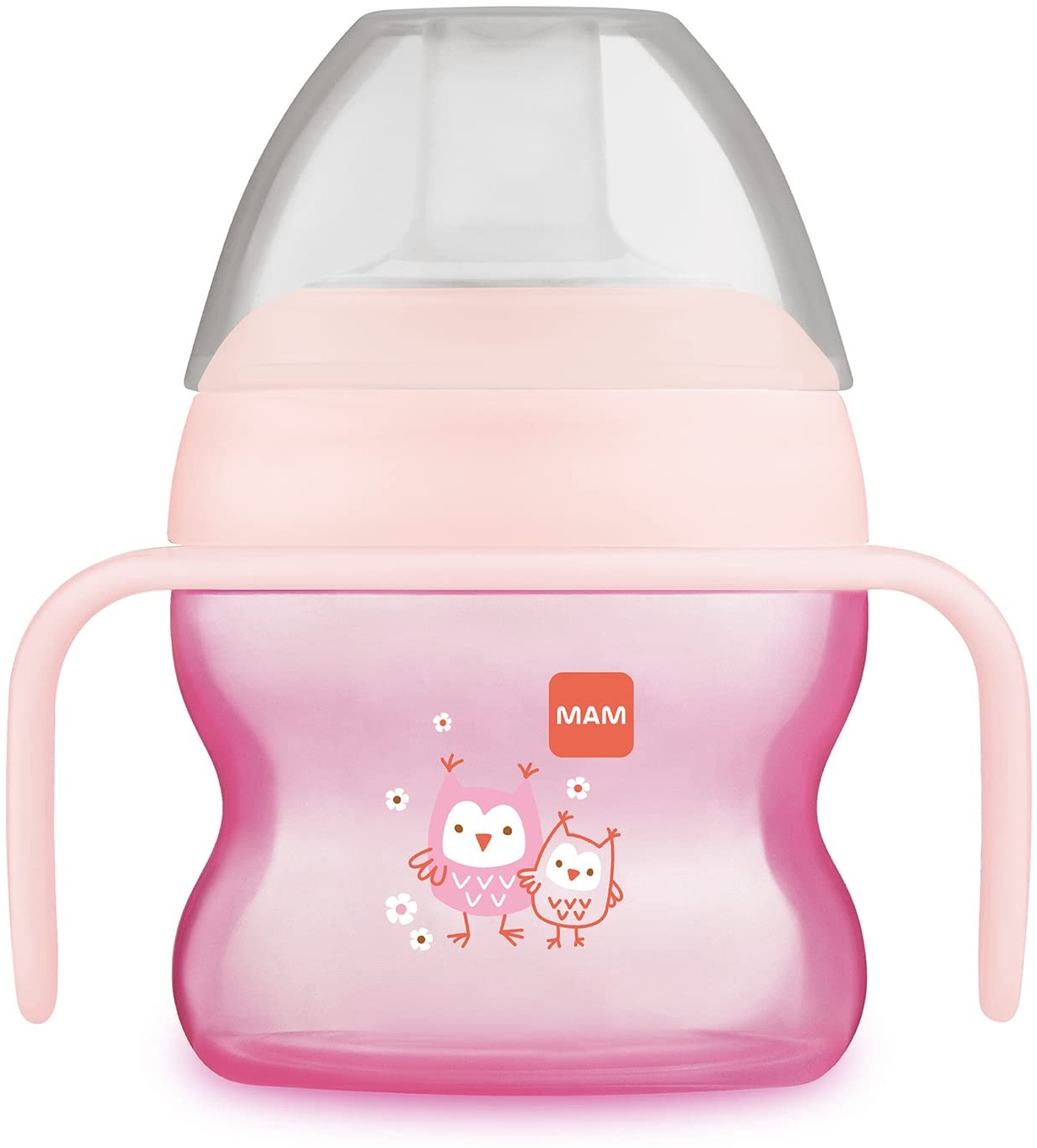 MAM Starter Cup Baby Trinklernbecher (150 ml), Trinkbecher für erste Trinkversuche, Schnabelbecher mit rutschsicheren Griffen, ab 4 Monaten, Eule