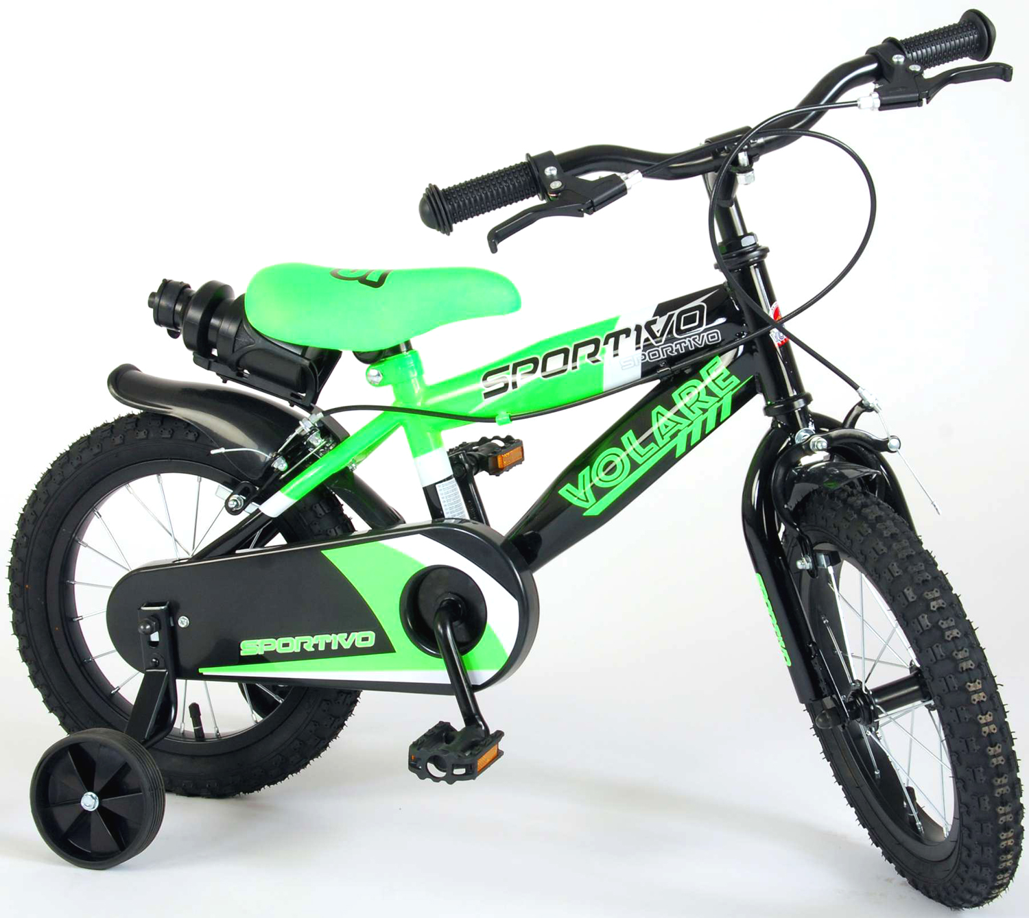 Kinderfahrrad Volare Sportivo 14 Zoll Neongrün / Schwarz mit 2 Felgenbremsen, Stützrädern und Trinkflasche