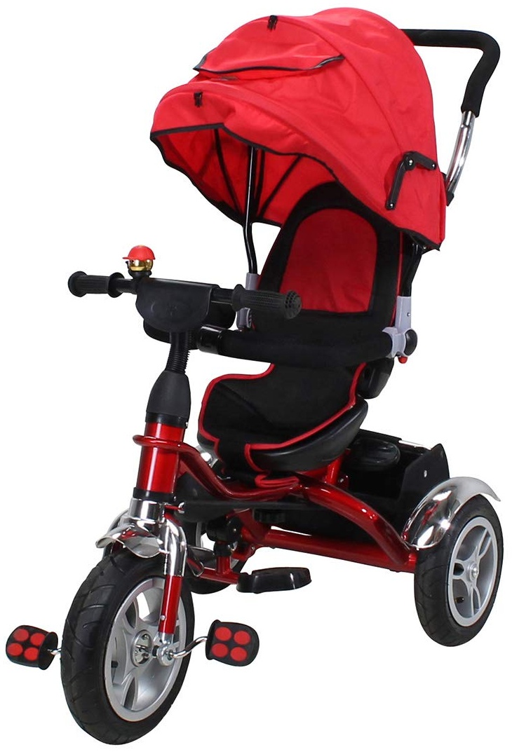 Miweba Kinderdreirad Schieber 7 in 1 Kinderwagen - 360° Drehbar - Luftreifen - Heckfederung - Laufrad - Dreirad - Schubstange - Ab 1 Jahr (Rot)