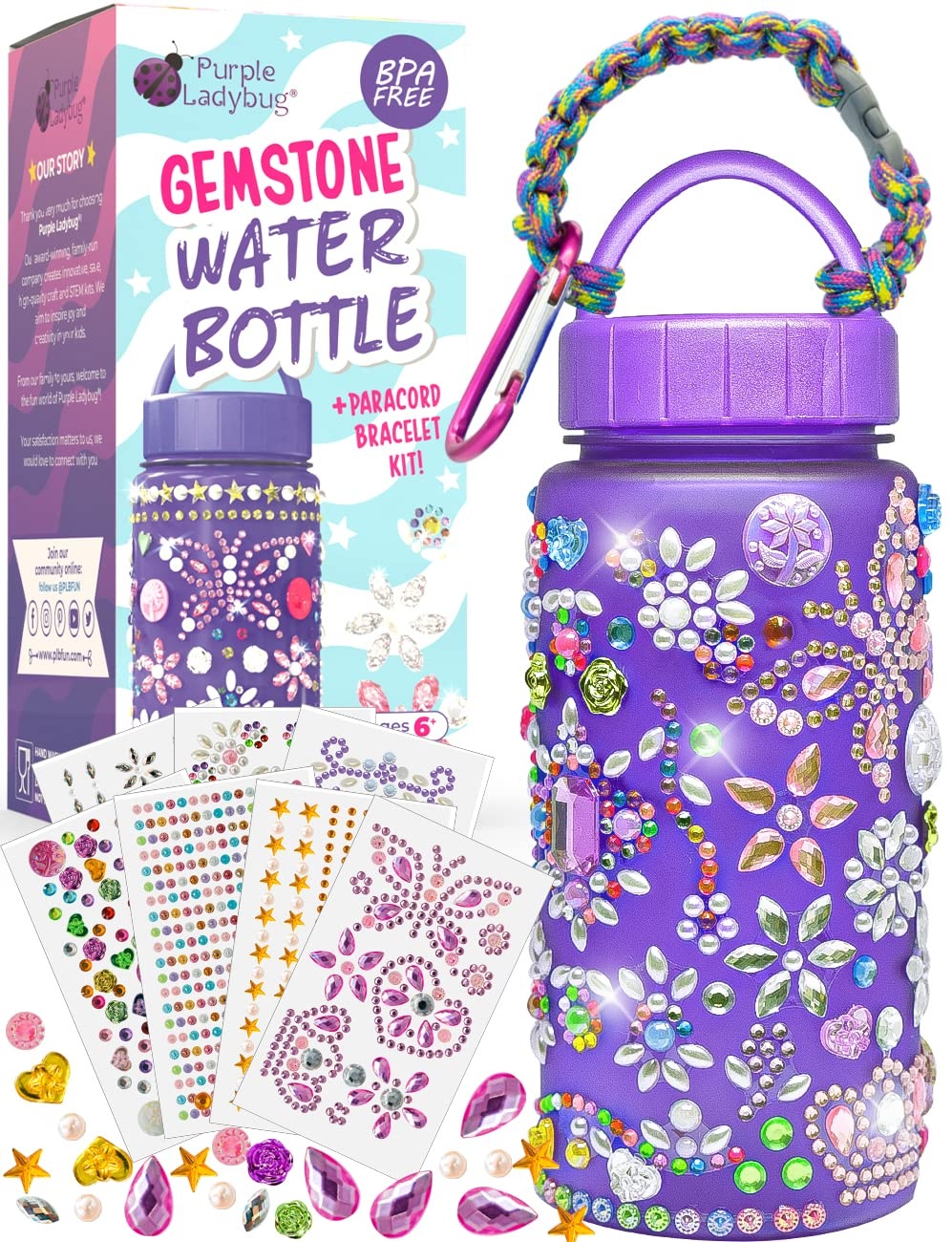 Purple Ladybug Trinkflasche Mädchen Bastelset mit Selbstklebendem Strass – Geburtstagsgeschenk für Mädchen von 6 -10 Jahren – Geschenk für Mädchen - Wasserflasche zum Selbstgestalten