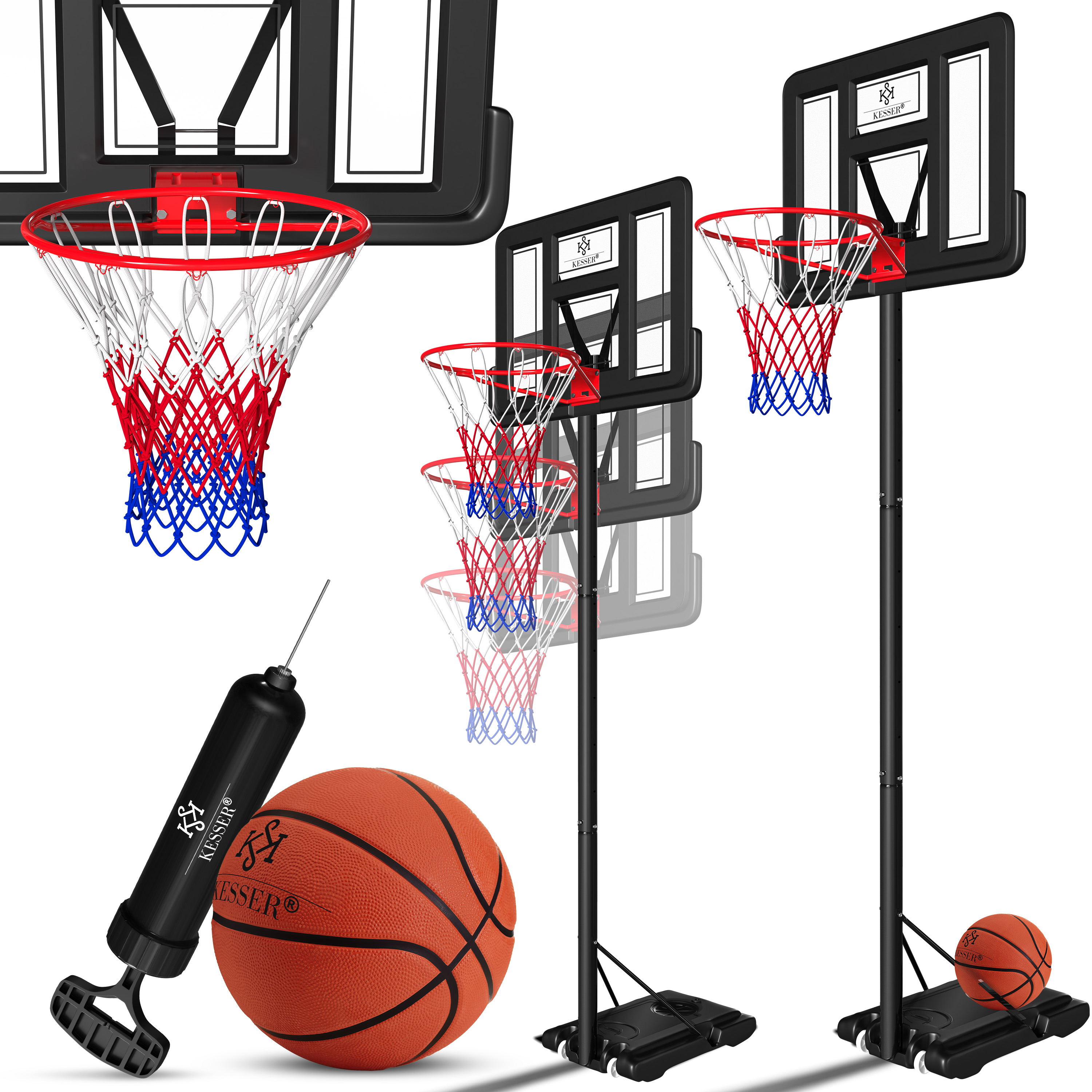 KESSER® Basketballkorb Premium mit Ständer Rollen Inkl. Basketball + Pumpe verstellbare Korbhöhe 230 bis 305 cm höhenverstellbar Korbanlage Outdoor komplett Basketballanlage für Erwachsene Kinder Schwarz - Preisvergleich