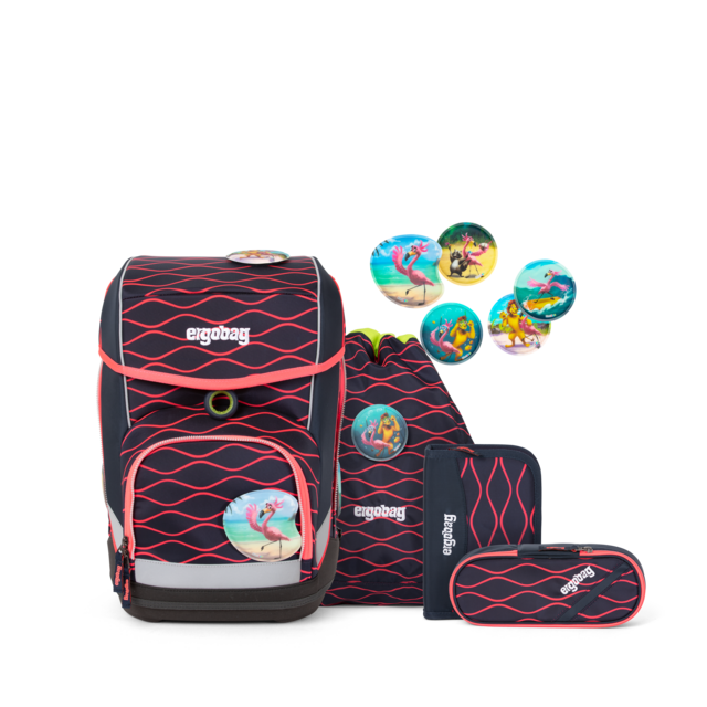 Ergobag Cubo 'WellenreitBär' Schulranzen-Set, 19 Liter, 5-teiliges Set, blau/orange/rot