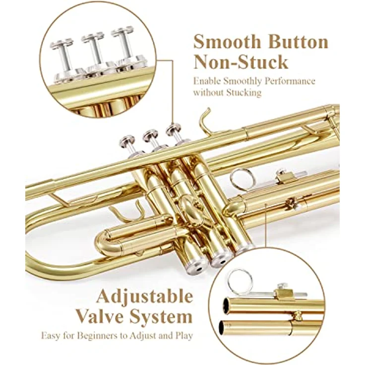 Eastar ETR-380 Bb Standard-Trompeten-Set, Messing mit Hartschalenkoffer, Reinigungsset, 7C-Mundstück und weißen Handschuhen, golden – Bild 3