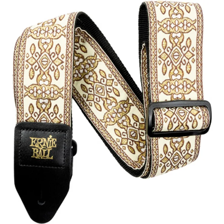 Ernie Ball Jacquard Strap Golden Tapestry, E-Gitarrengurt aus stabilem Polypropylen mit Leder-Enden, 104-182 cm, goldene Jacquard-Muster