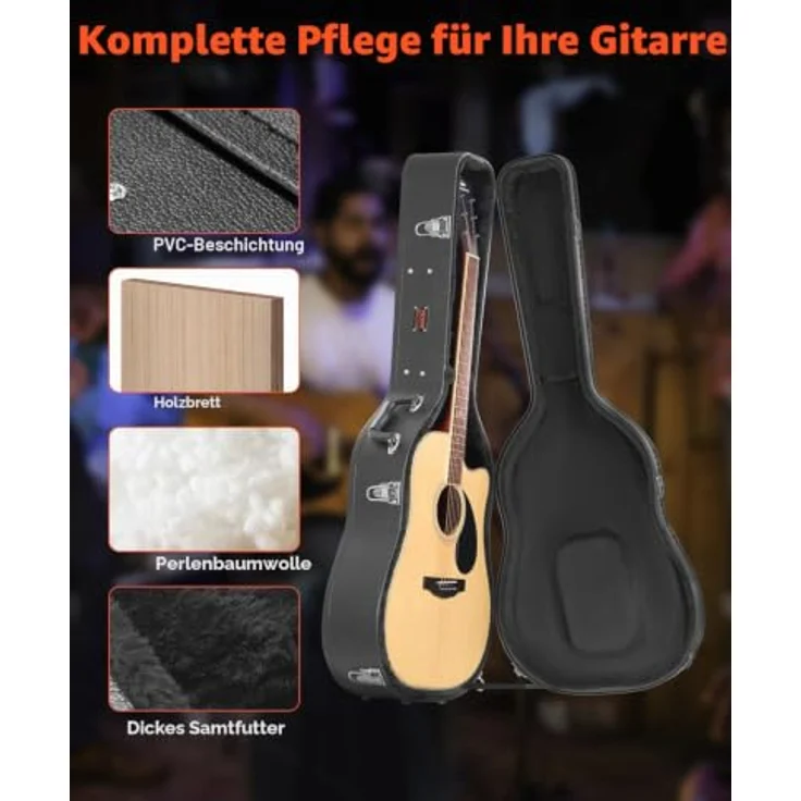 VEVOR Gitarrenkoffer, 110 cm Hartschalenkoffer für Akustikgitarren von 99 bis 104 cm, schwarz, mit Schloss, Schlüsselgriff und Zubehörfach – Bild 4